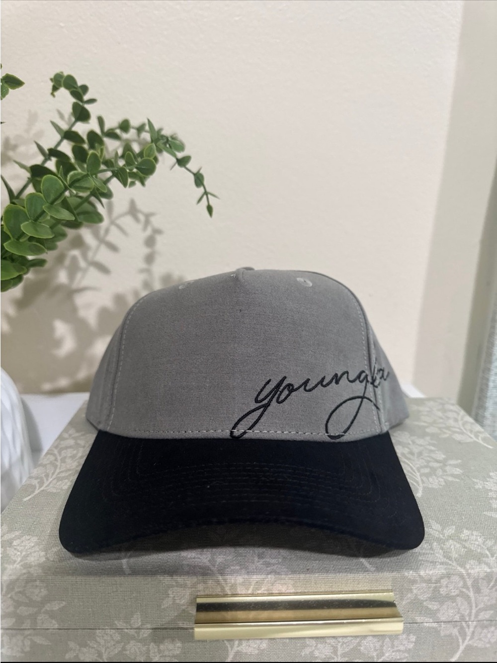 YoungLA Gray and Black Baseball Cap with Script Logo